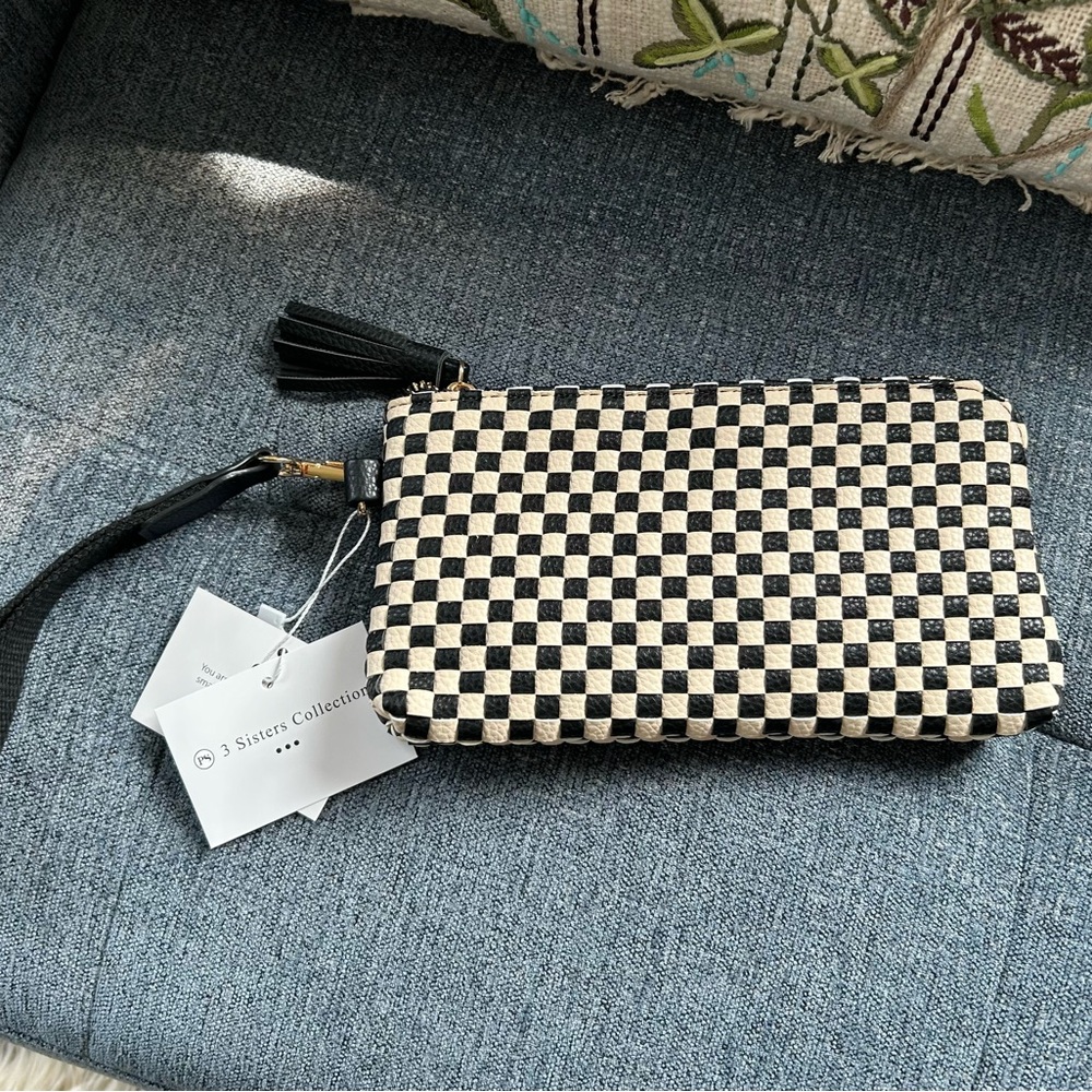 Emma Woven Clutch Wristlet Black Checkered NEW